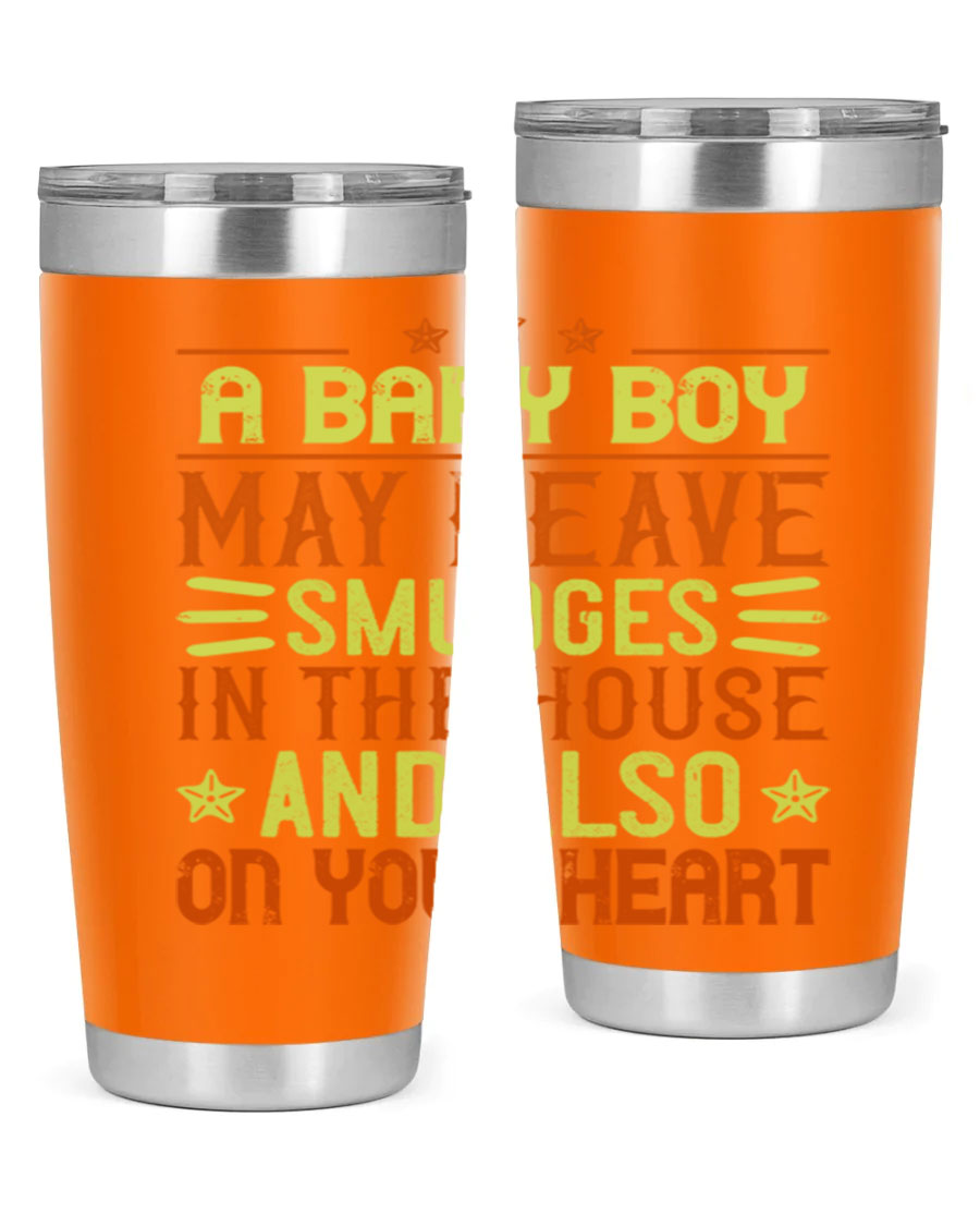 A stylish 20oz stainless steel tumbler featuring a heartfelt design celebrating baby boys, showcasing its double wall vacuum insulation and drink-thru lid.