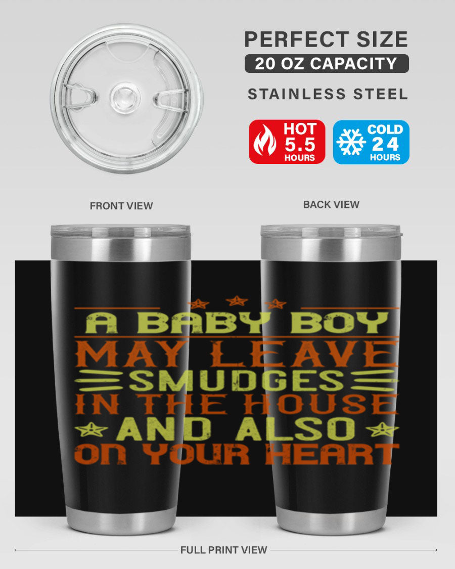 A stylish 20oz stainless steel tumbler featuring a heartfelt design celebrating baby boys, showcasing its double wall vacuum insulation and drink-thru lid.