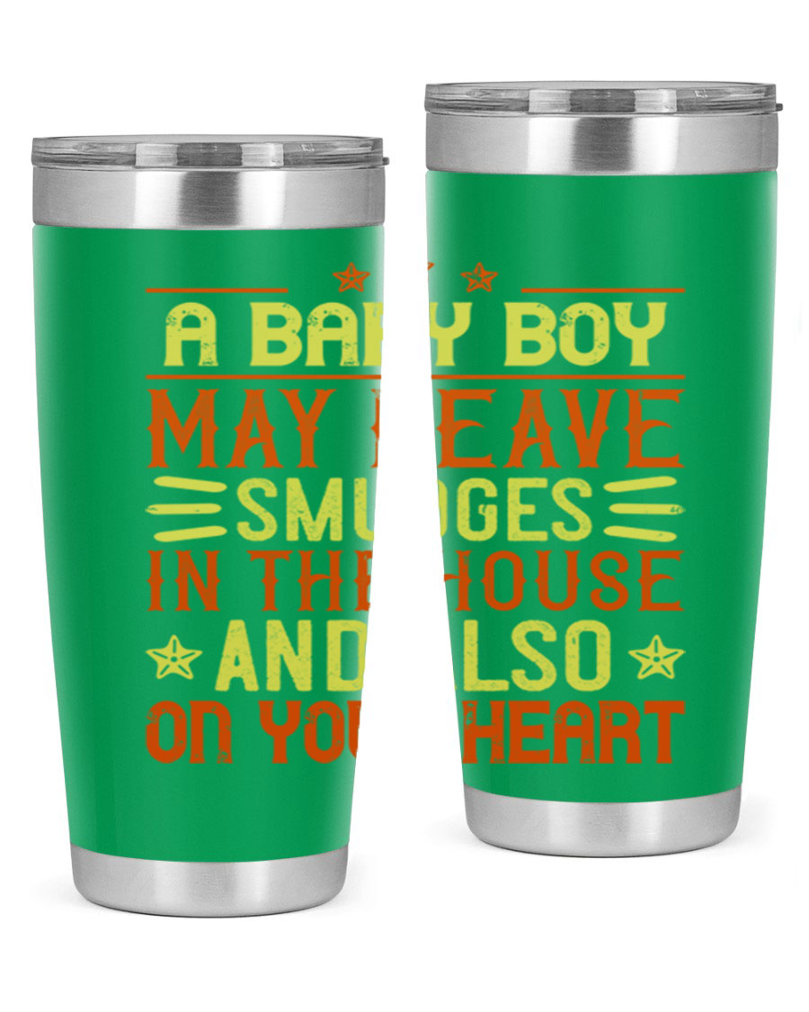 A stylish 20oz stainless steel tumbler featuring a heartfelt design celebrating baby boys, showcasing its double wall vacuum insulation and drink-thru lid.