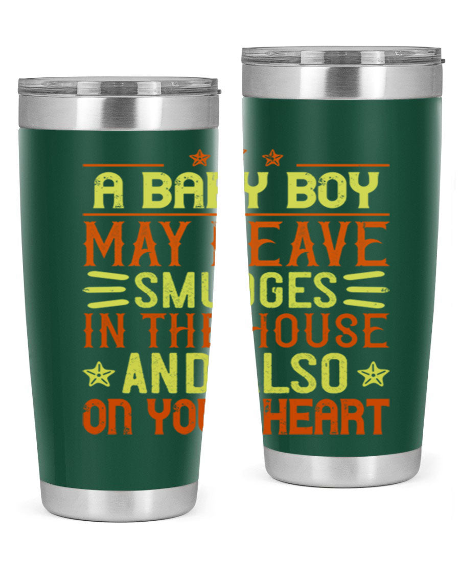 A stylish 20oz stainless steel tumbler featuring a heartfelt design celebrating baby boys, showcasing its double wall vacuum insulation and drink-thru lid.