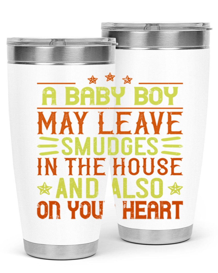 A stylish 20oz stainless steel tumbler featuring a heartfelt design celebrating baby boys, showcasing its double wall vacuum insulation and drink-thru lid.