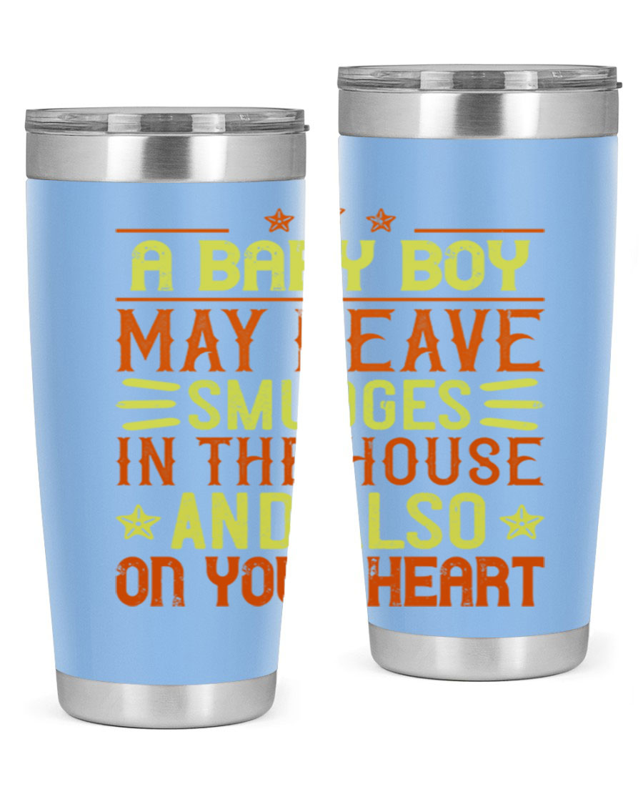 A stylish 20oz stainless steel tumbler featuring a heartfelt design celebrating baby boys, showcasing its double wall vacuum insulation and drink-thru lid.