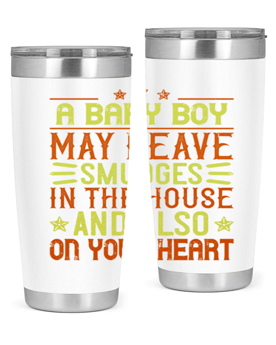 A stylish 20oz stainless steel tumbler featuring a heartfelt design celebrating baby boys, showcasing its double wall vacuum insulation and drink-thru lid.