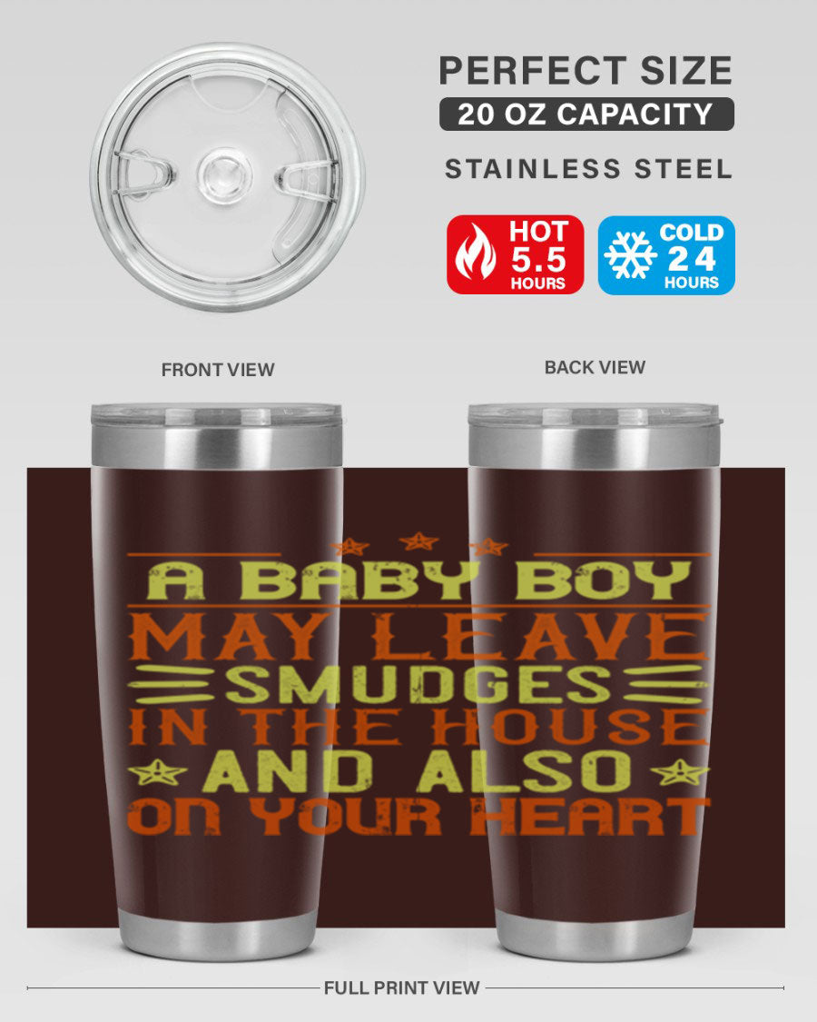 A stylish 20oz stainless steel tumbler featuring a heartfelt design celebrating baby boys, showcasing its double wall vacuum insulation and drink-thru lid.