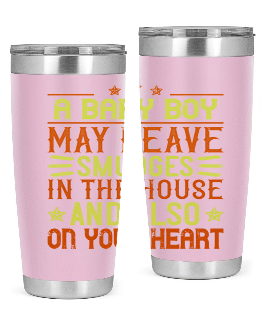 A stylish 20oz stainless steel tumbler featuring a heartfelt design celebrating baby boys, showcasing its double wall vacuum insulation and drink-thru lid.