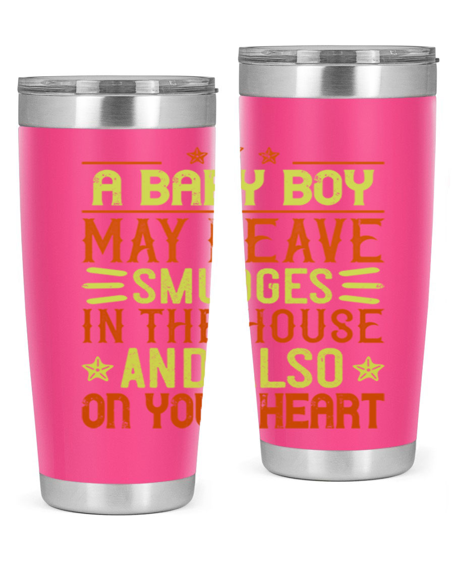 A stylish 20oz stainless steel tumbler featuring a heartfelt design celebrating baby boys, showcasing its double wall vacuum insulation and drink-thru lid.