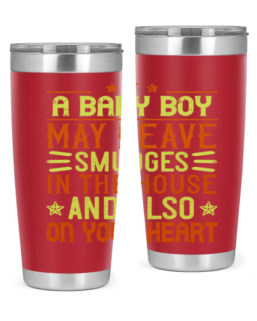 A stylish 20oz stainless steel tumbler featuring a heartfelt design celebrating baby boys, showcasing its double wall vacuum insulation and drink-thru lid.