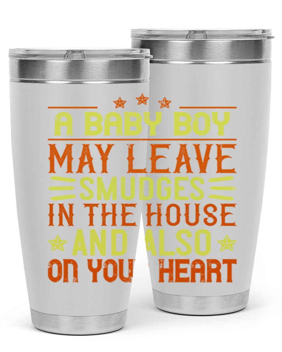 A stylish 20oz stainless steel tumbler featuring a heartfelt design celebrating baby boys, showcasing its double wall vacuum insulation and drink-thru lid.