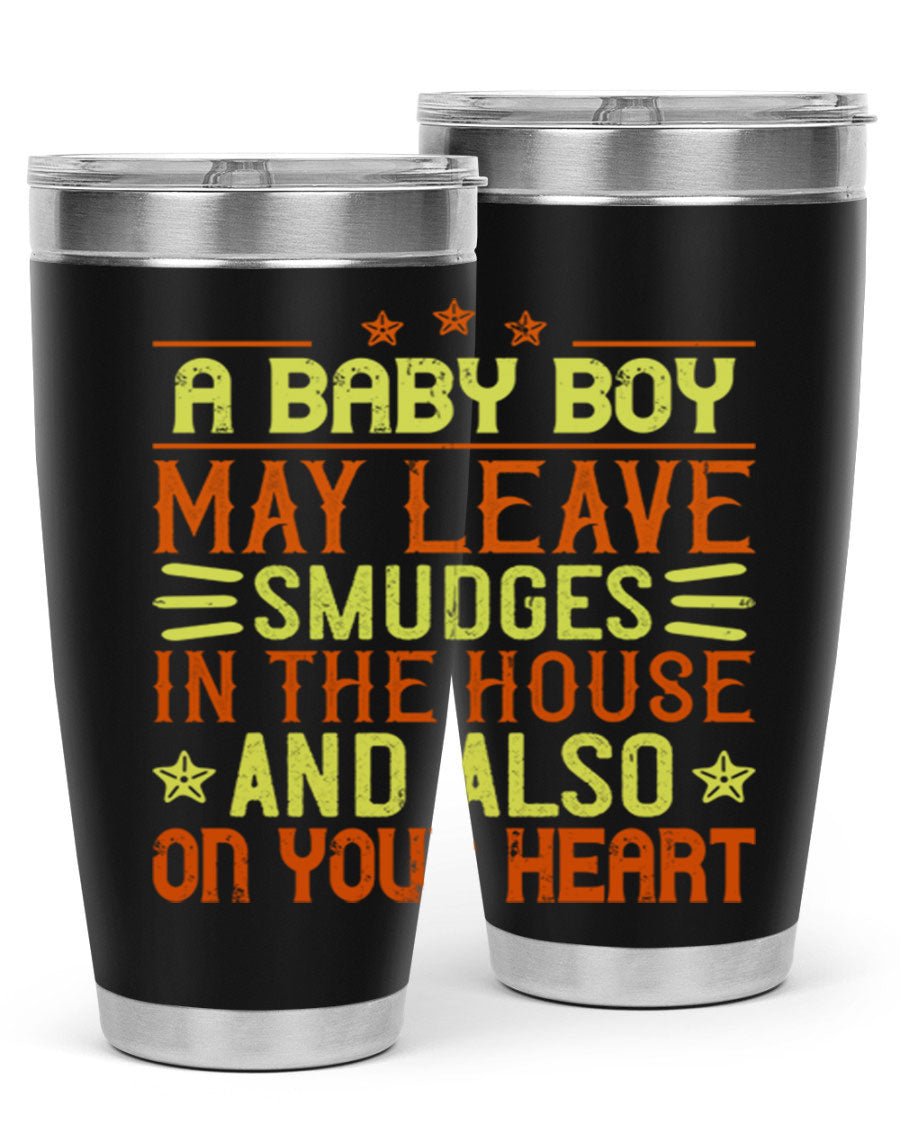 A stylish 20oz stainless steel tumbler featuring a heartfelt design celebrating baby boys, showcasing its double wall vacuum insulation and drink-thru lid.