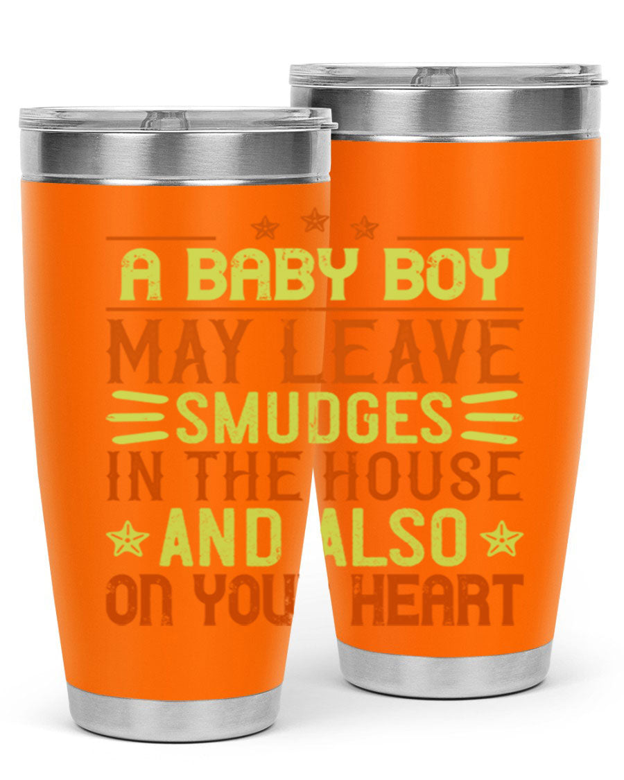 A stylish 20oz stainless steel tumbler featuring a heartfelt design celebrating baby boys, showcasing its double wall vacuum insulation and drink-thru lid.