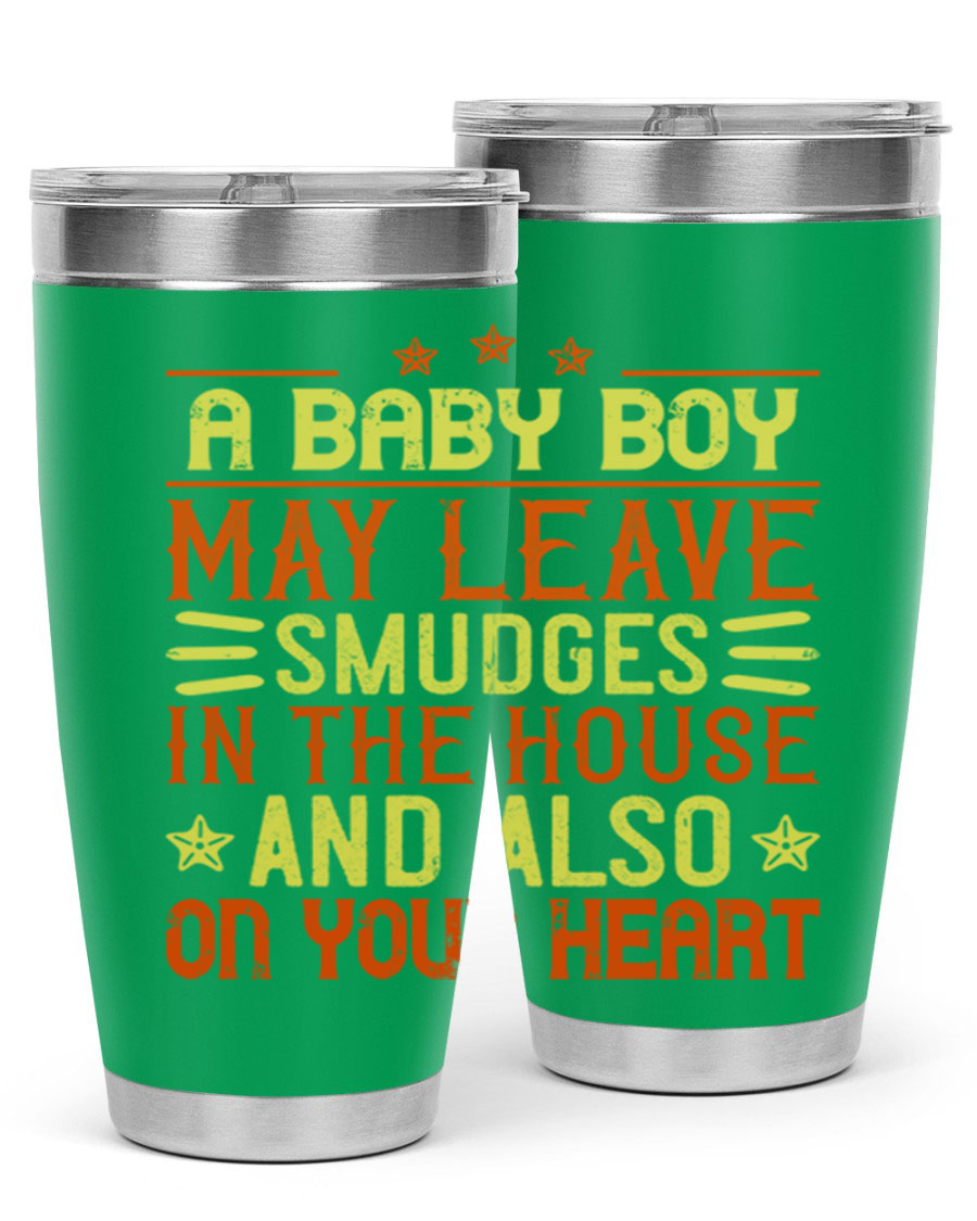 A stylish 20oz stainless steel tumbler featuring a heartfelt design celebrating baby boys, showcasing its double wall vacuum insulation and drink-thru lid.