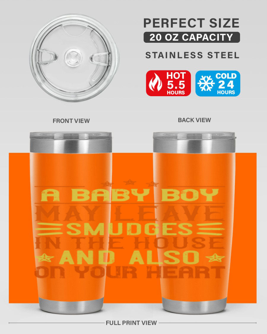 A stylish 20oz stainless steel tumbler featuring a heartfelt design celebrating baby boys, showcasing its double wall vacuum insulation and drink-thru lid.