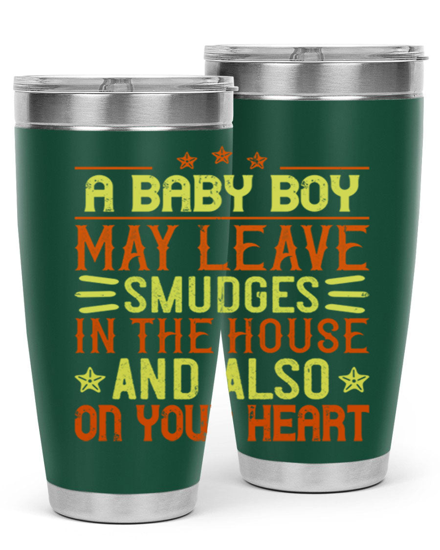 A stylish 20oz stainless steel tumbler featuring a heartfelt design celebrating baby boys, showcasing its double wall vacuum insulation and drink-thru lid.