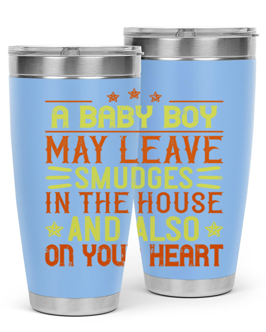 A stylish 20oz stainless steel tumbler featuring a heartfelt design celebrating baby boys, showcasing its double wall vacuum insulation and drink-thru lid.