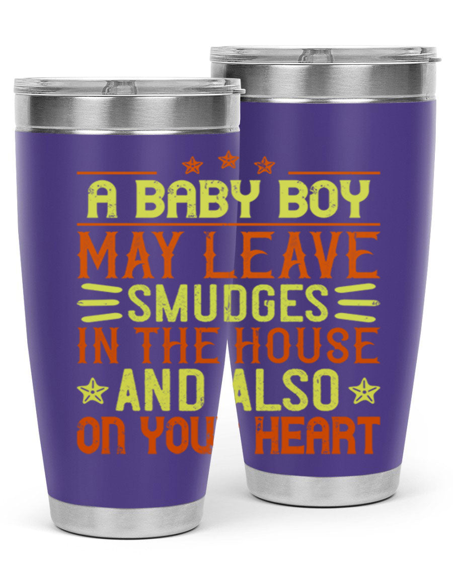 A stylish 20oz stainless steel tumbler featuring a heartfelt design celebrating baby boys, showcasing its double wall vacuum insulation and drink-thru lid.