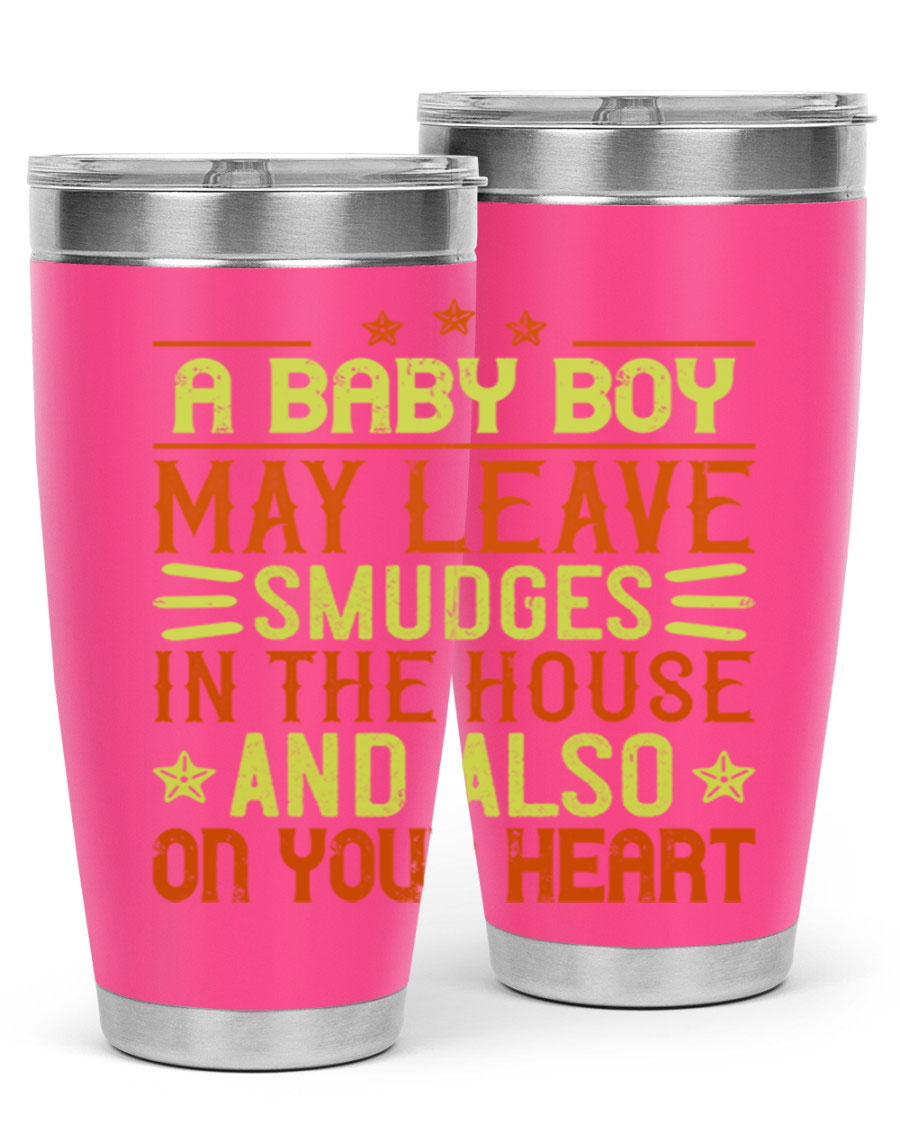 A stylish 20oz stainless steel tumbler featuring a heartfelt design celebrating baby boys, showcasing its double wall vacuum insulation and drink-thru lid.