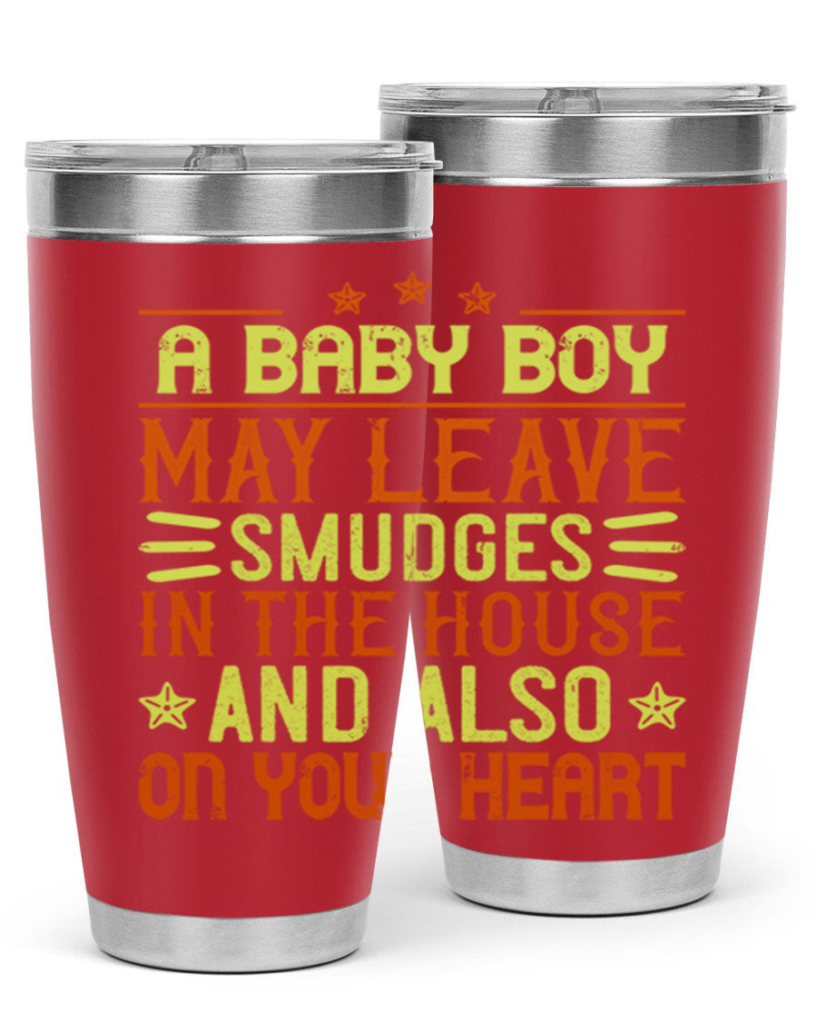 A stylish 20oz stainless steel tumbler featuring a heartfelt design celebrating baby boys, showcasing its double wall vacuum insulation and drink-thru lid.