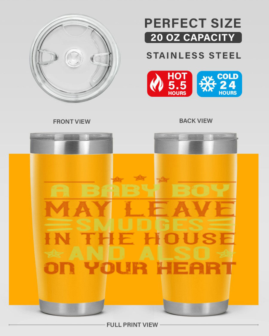 A stylish 20oz stainless steel tumbler featuring a heartfelt design celebrating baby boys, showcasing its double wall vacuum insulation and drink-thru lid.