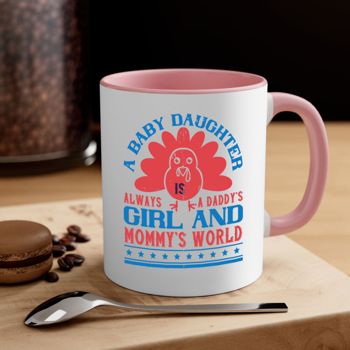 A stylish two-tone ceramic mug featuring the phrase 'A baby daughter is always a Daddy’s girl and Mommy’s world' with a glossy finish.