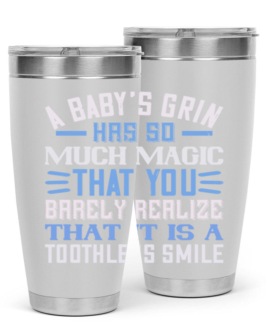 A stylish 20oz and 30oz stainless steel tumbler featuring a magical baby grin design, perfect for hot and cold beverages.