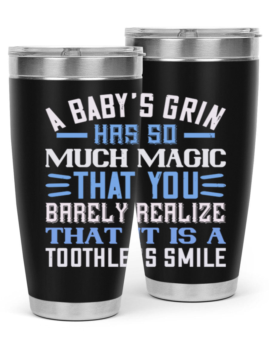 A stylish 20oz and 30oz stainless steel tumbler featuring a magical baby grin design, perfect for hot and cold beverages.