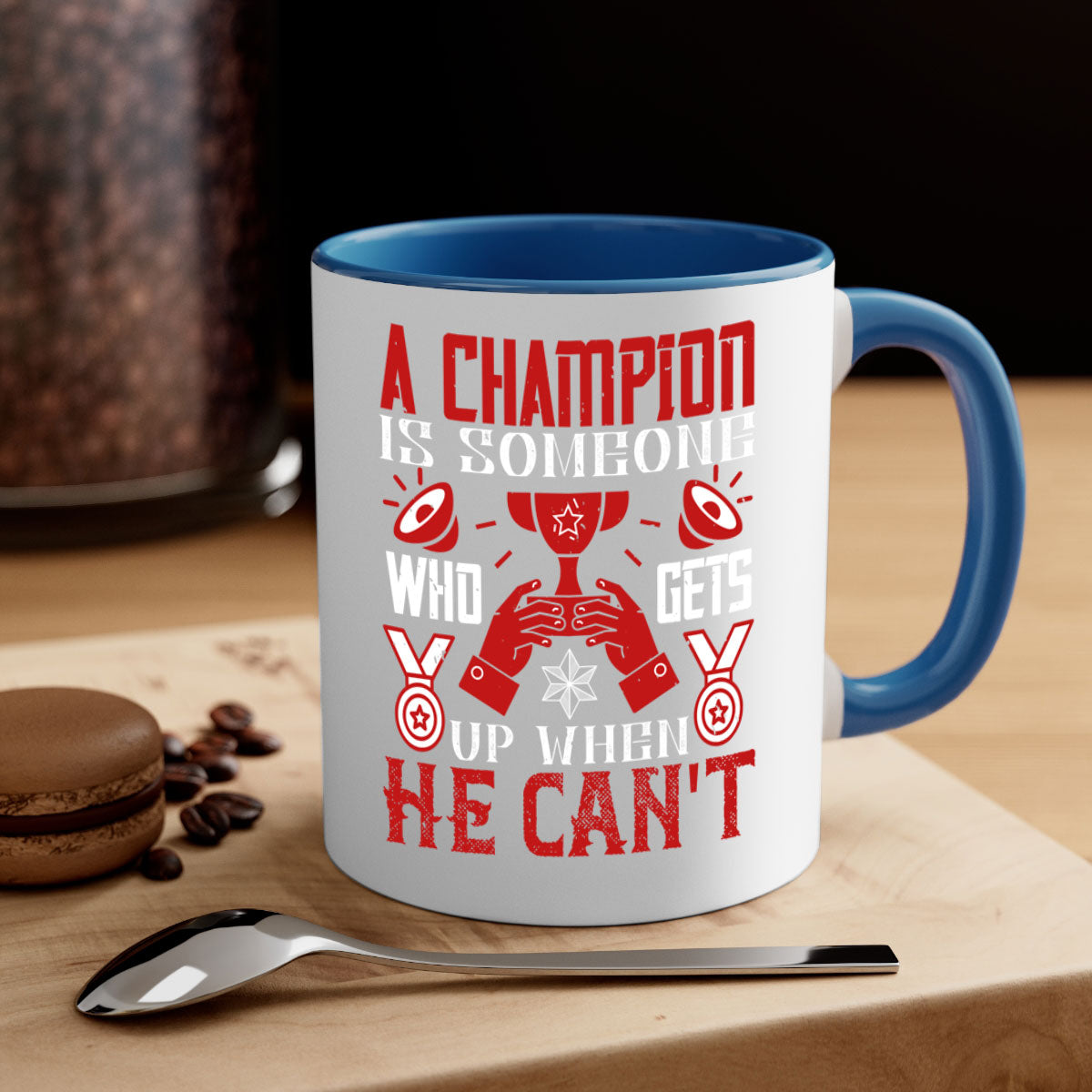 A stylish two-tone ceramic mug featuring the motivational quote 'A champion is someone who gets up when he cant', available in various colors.