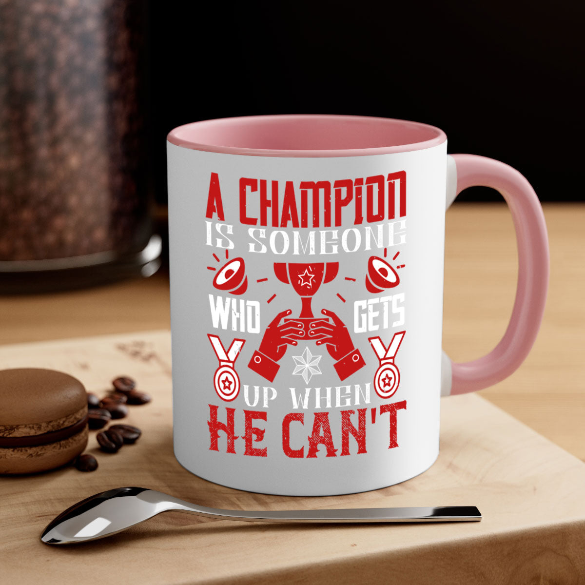 A stylish two-tone ceramic mug featuring the motivational quote 'A champion is someone who gets up when he cant', available in various colors.