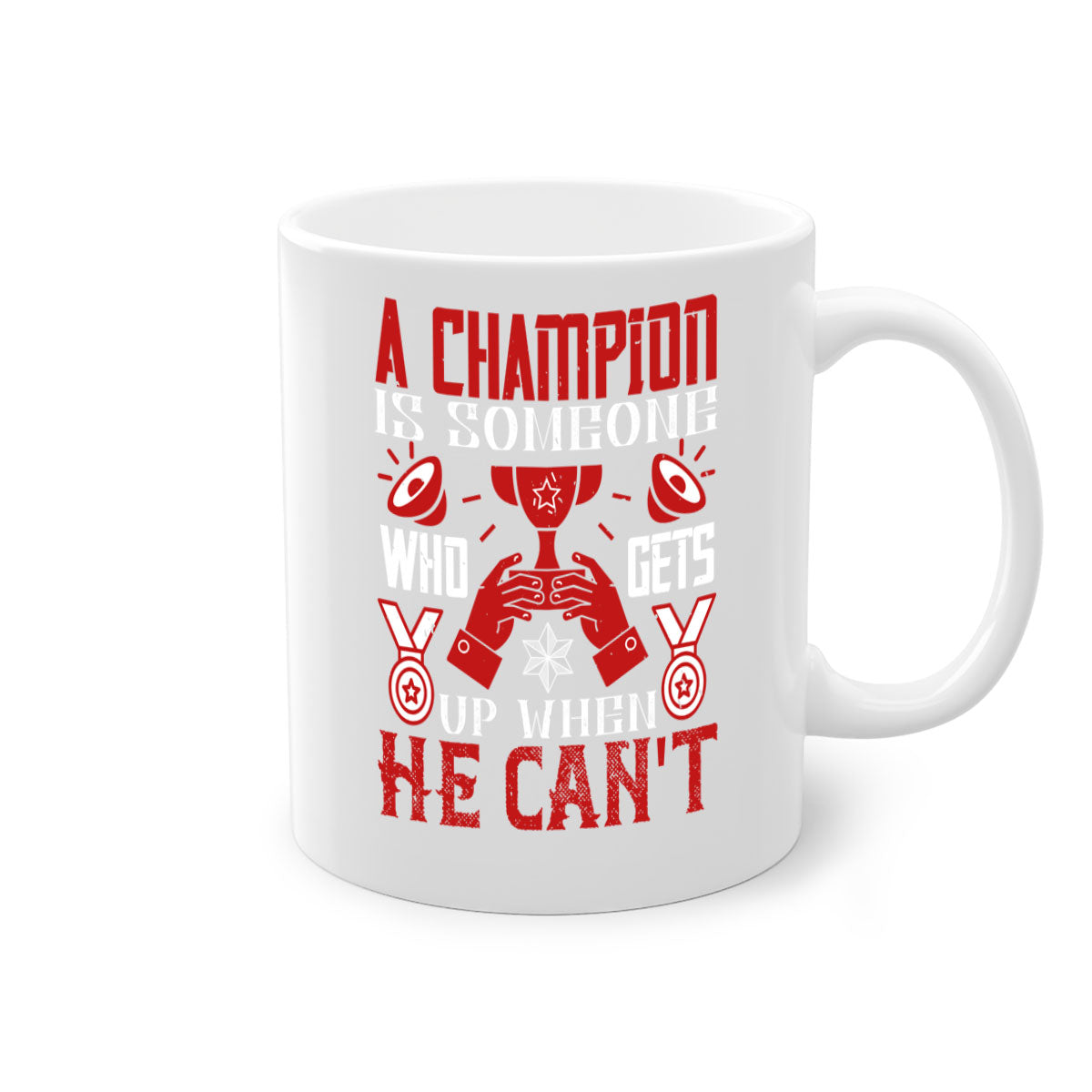 A stylish two-tone ceramic mug featuring the motivational quote 'A champion is someone who gets up when he cant', available in various colors.