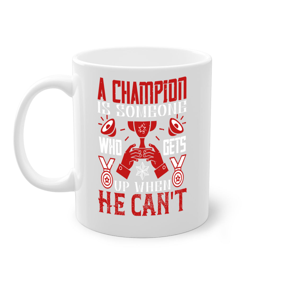 A stylish two-tone ceramic mug featuring the motivational quote 'A champion is someone who gets up when he cant', available in various colors.