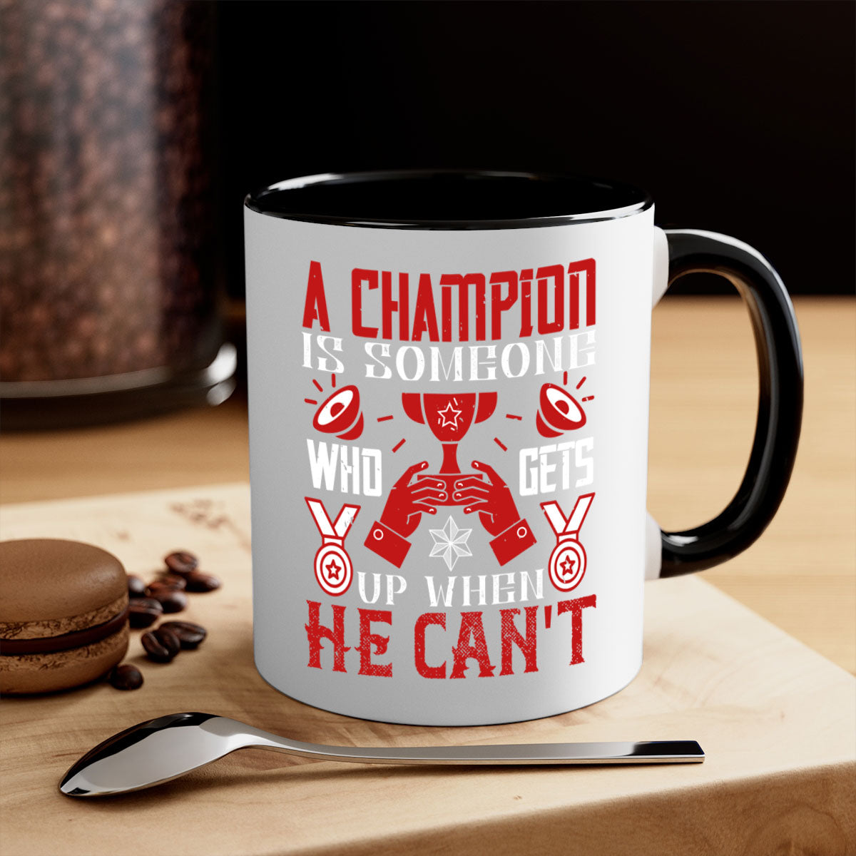 A stylish two-tone ceramic mug featuring the motivational quote 'A champion is someone who gets up when he cant', available in various colors.