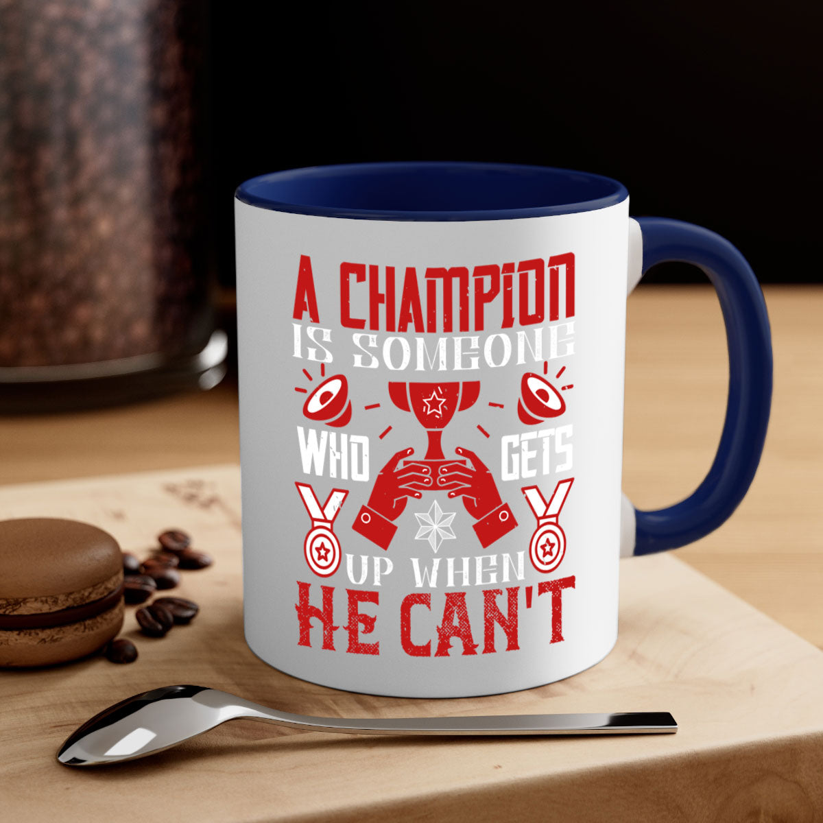 A stylish two-tone ceramic mug featuring the motivational quote 'A champion is someone who gets up when he cant', available in various colors.