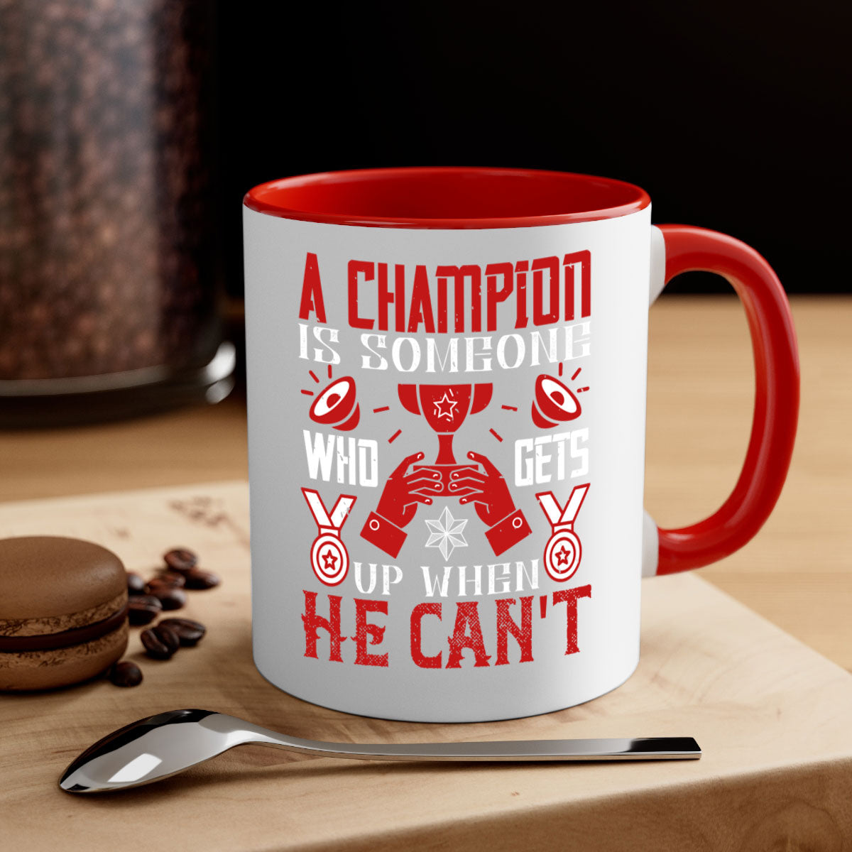 A stylish two-tone ceramic mug featuring the motivational quote 'A champion is someone who gets up when he cant', available in various colors.