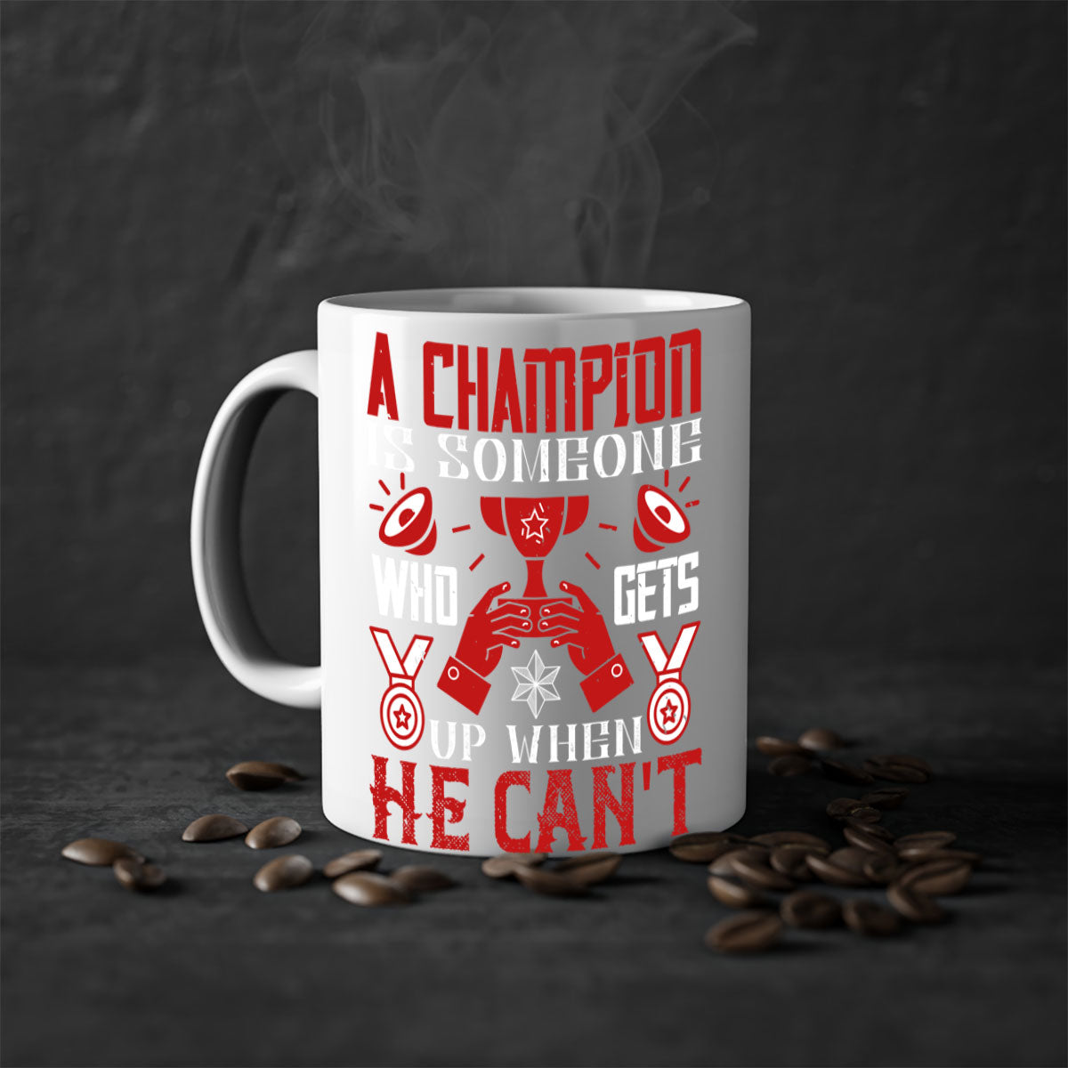 A stylish two-tone ceramic mug featuring the motivational quote 'A champion is someone who gets up when he cant', available in various colors.