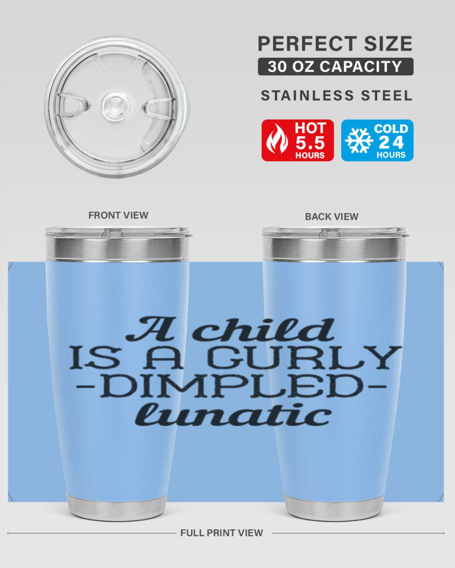 A colorful 20oz and 30oz stainless steel tumbler featuring a whimsical design, perfect for kids, showcasing its double wall vacuum insulation.