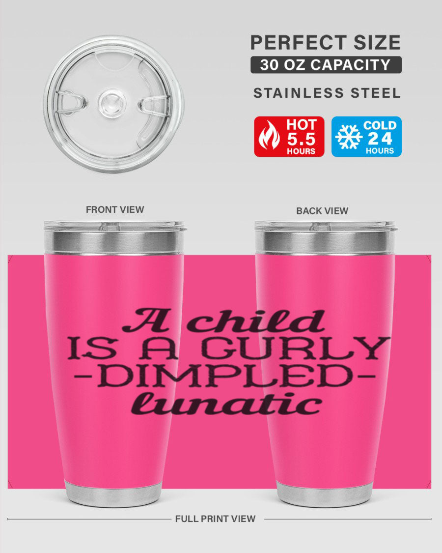 A colorful 20oz and 30oz stainless steel tumbler featuring a whimsical design, perfect for kids, showcasing its double wall vacuum insulation.