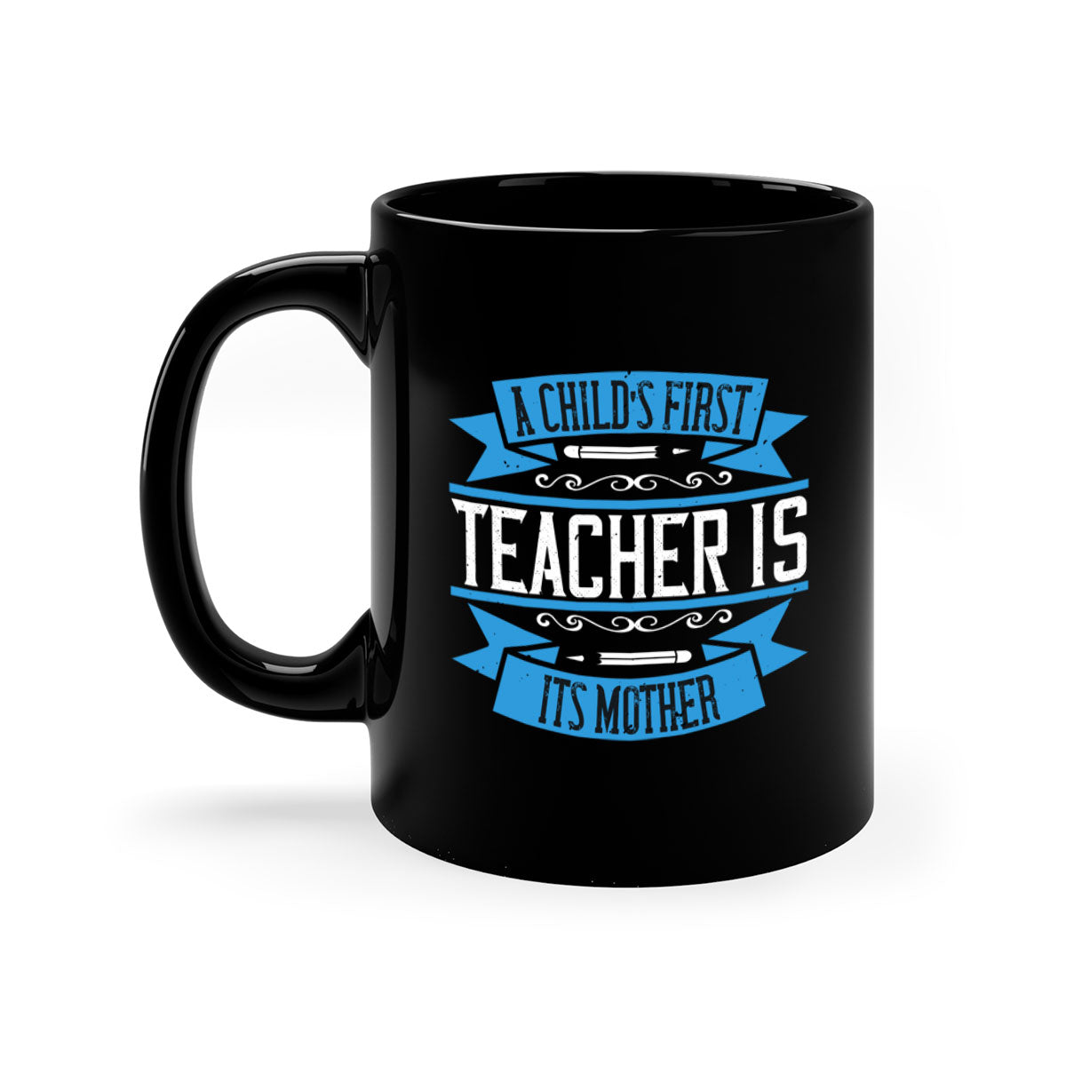 A stylish two-tone coffee mug with a colored handle and glossy finish, featuring the phrase 'A child’s first teacher is its mother'.