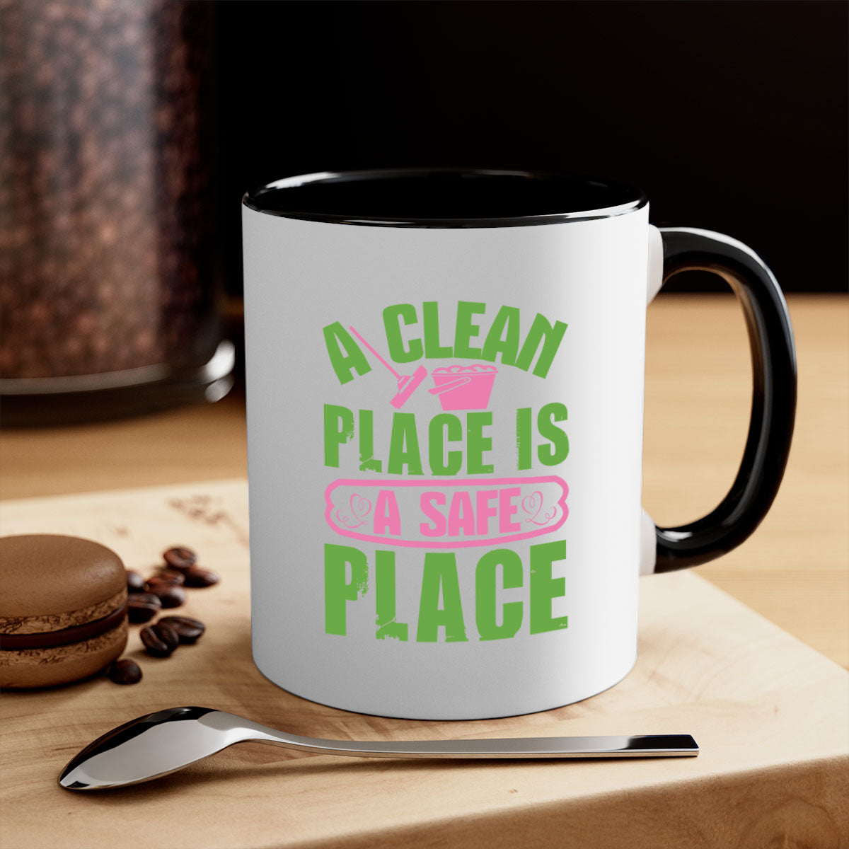 A clean place is a safe place Style 50# Mug featuring a glossy finish, colored handle, and interior, available in five vibrant colors.