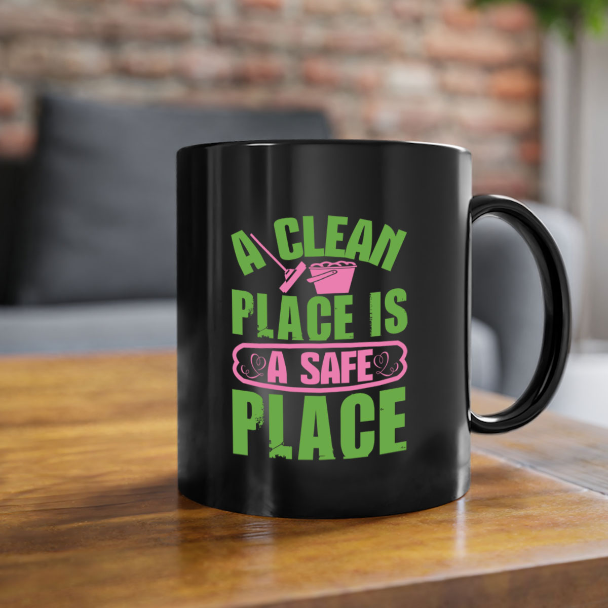 A clean place is a safe place Style 50# Mug featuring a glossy finish, colored handle, and interior, available in five vibrant colors.