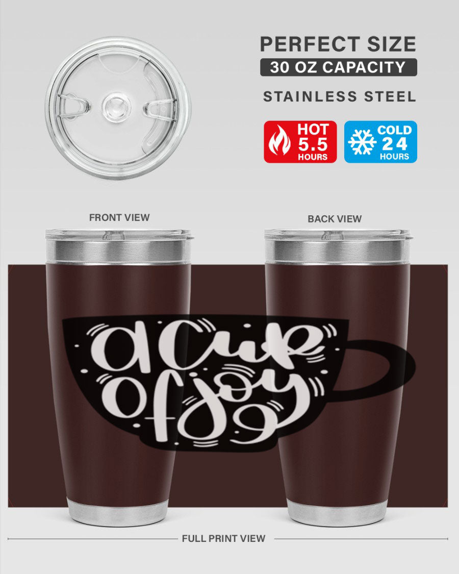 A stylish 20oz A Cup of Joy coffee tumbler made of stainless steel with a copper lining, featuring a drink-thru lid.