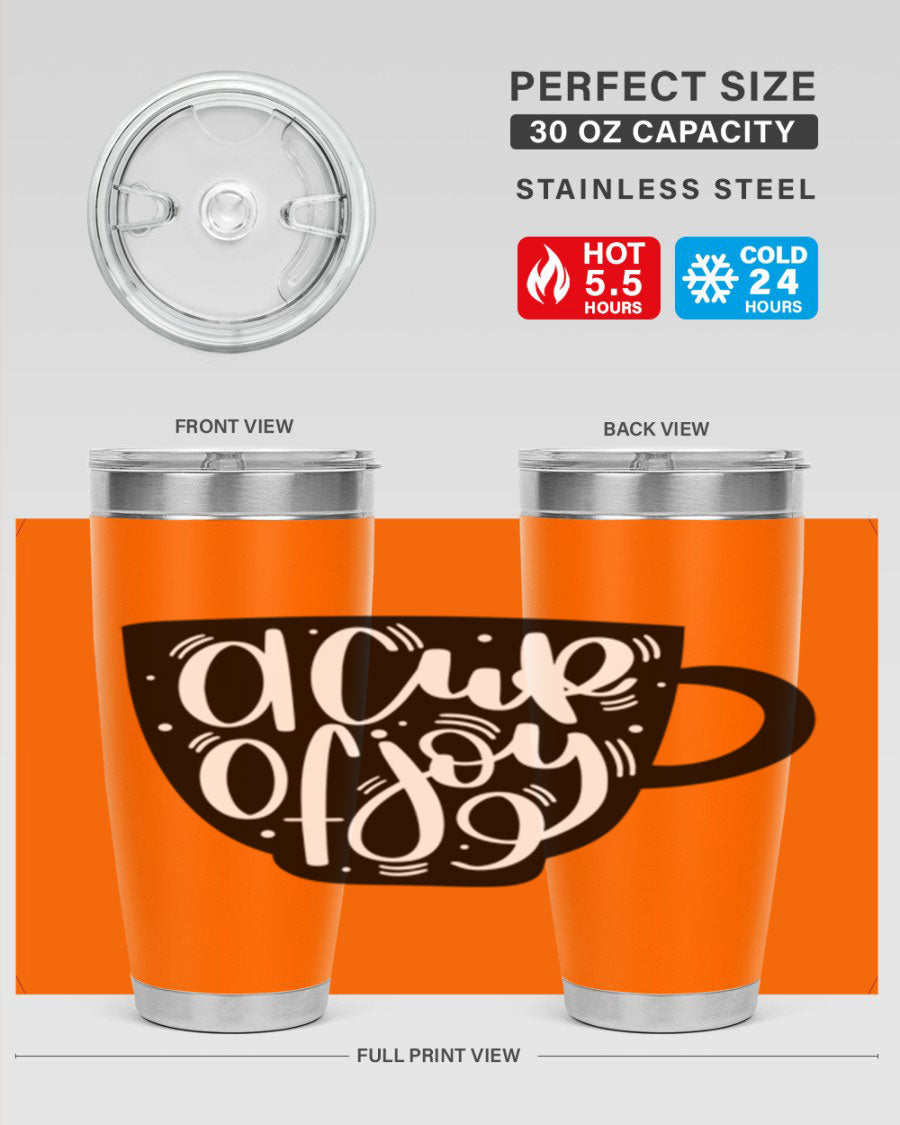 A stylish 20oz A Cup of Joy coffee tumbler made of stainless steel with a copper lining, featuring a drink-thru lid.