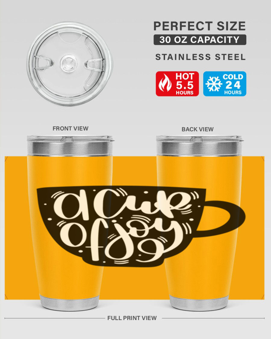 A stylish 20oz A Cup of Joy coffee tumbler made of stainless steel with a copper lining, featuring a drink-thru lid.