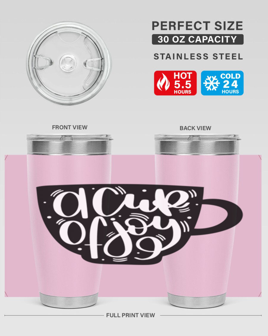 A stylish 20oz A Cup of Joy coffee tumbler made of stainless steel with a copper lining, featuring a drink-thru lid.