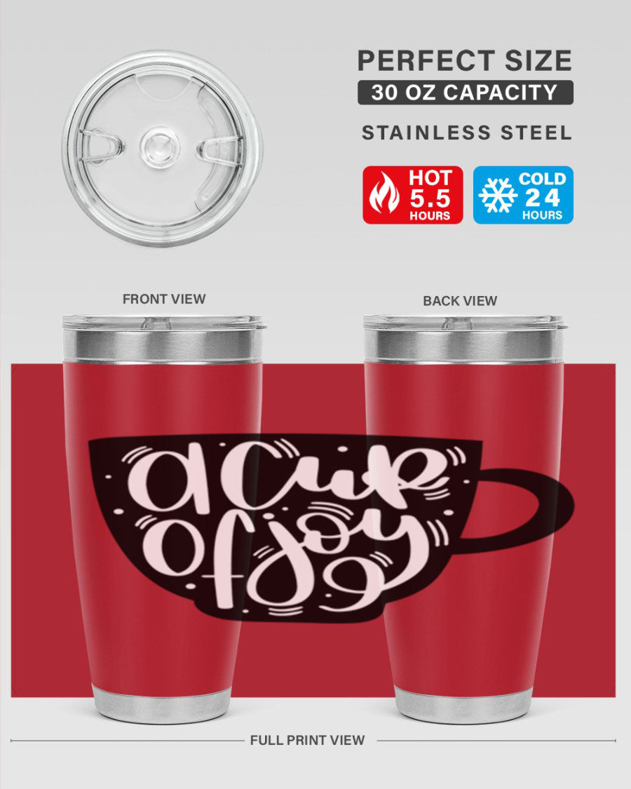 A stylish 20oz A Cup of Joy coffee tumbler made of stainless steel with a copper lining, featuring a drink-thru lid.