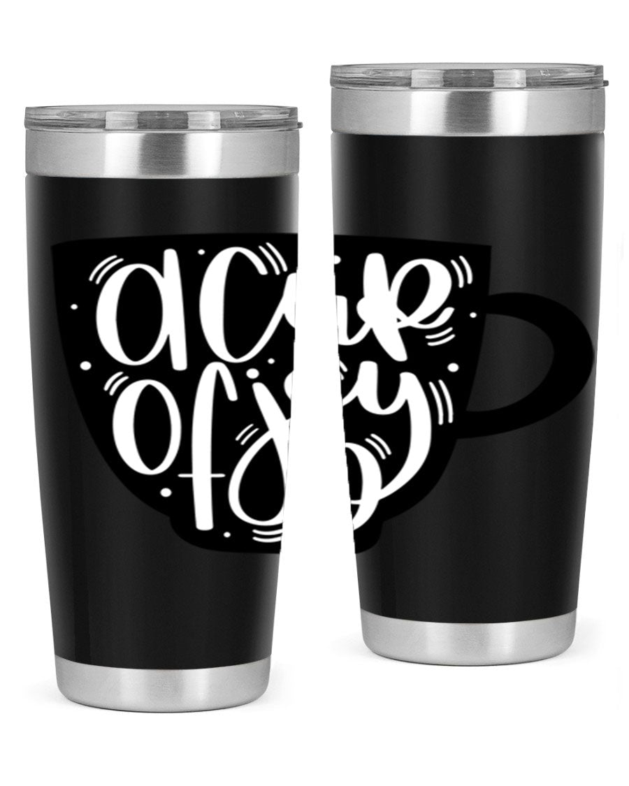 A stylish 20oz A Cup of Joy coffee tumbler made of stainless steel with a copper lining, featuring a drink-thru lid.