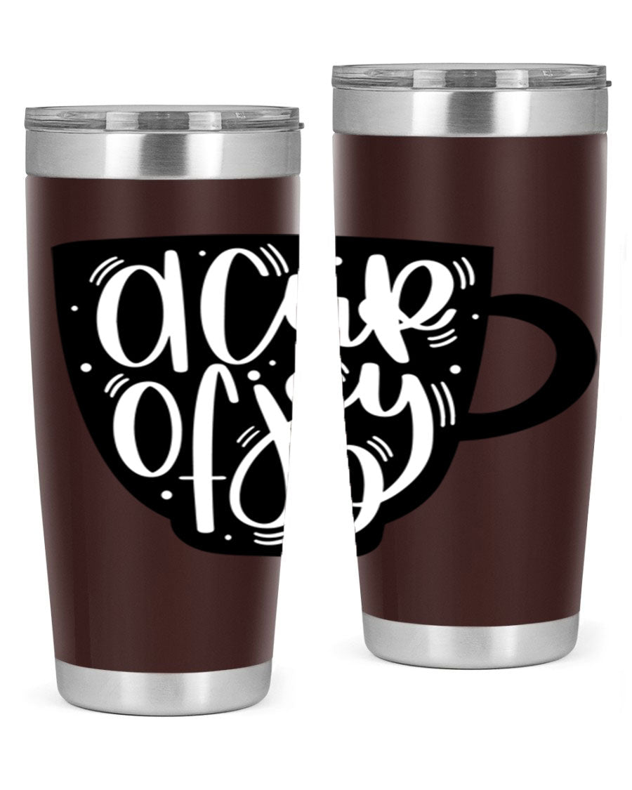 A stylish 20oz A Cup of Joy coffee tumbler made of stainless steel with a copper lining, featuring a drink-thru lid.