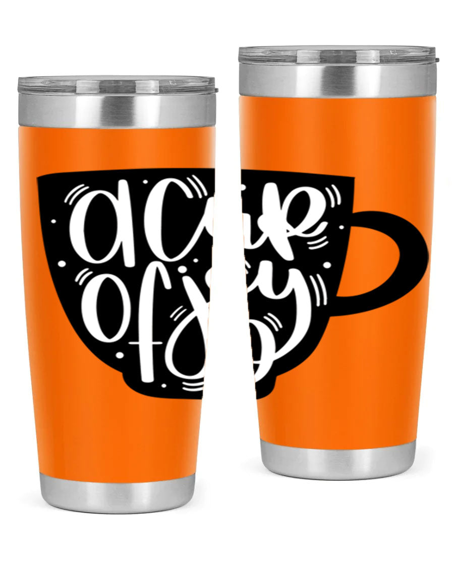 A stylish 20oz A Cup of Joy coffee tumbler made of stainless steel with a copper lining, featuring a drink-thru lid.