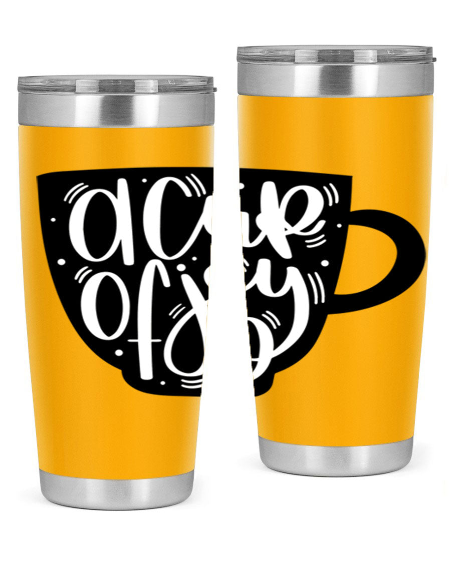 A stylish 20oz A Cup of Joy coffee tumbler made of stainless steel with a copper lining, featuring a drink-thru lid.