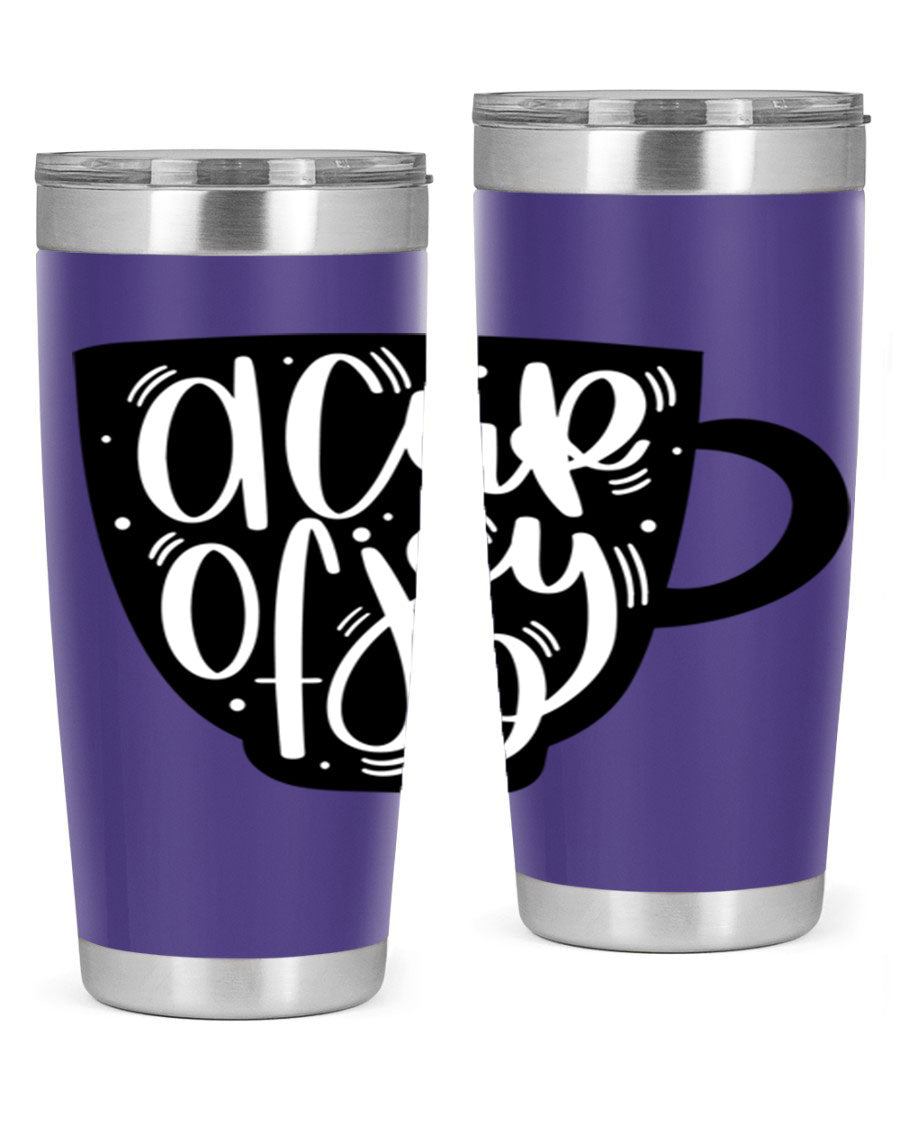 A stylish 20oz A Cup of Joy coffee tumbler made of stainless steel with a copper lining, featuring a drink-thru lid.