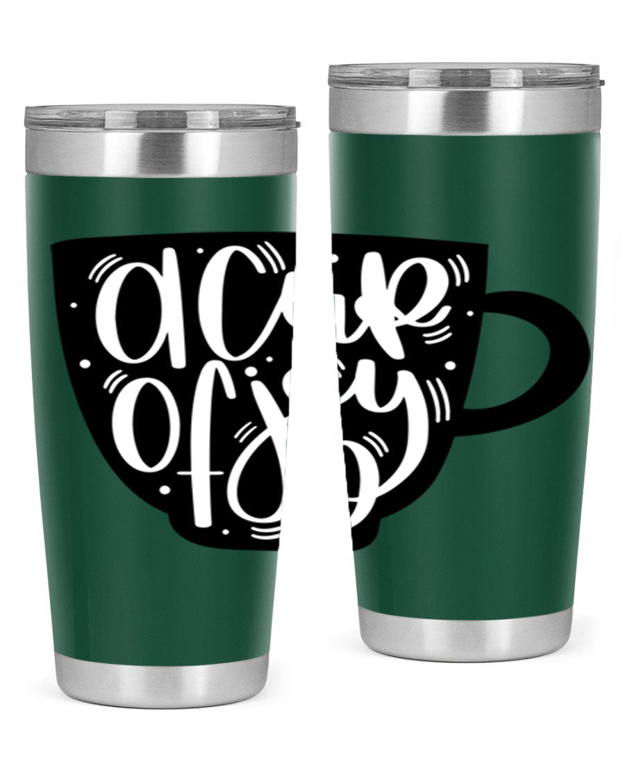 A stylish 20oz A Cup of Joy coffee tumbler made of stainless steel with a copper lining, featuring a drink-thru lid.