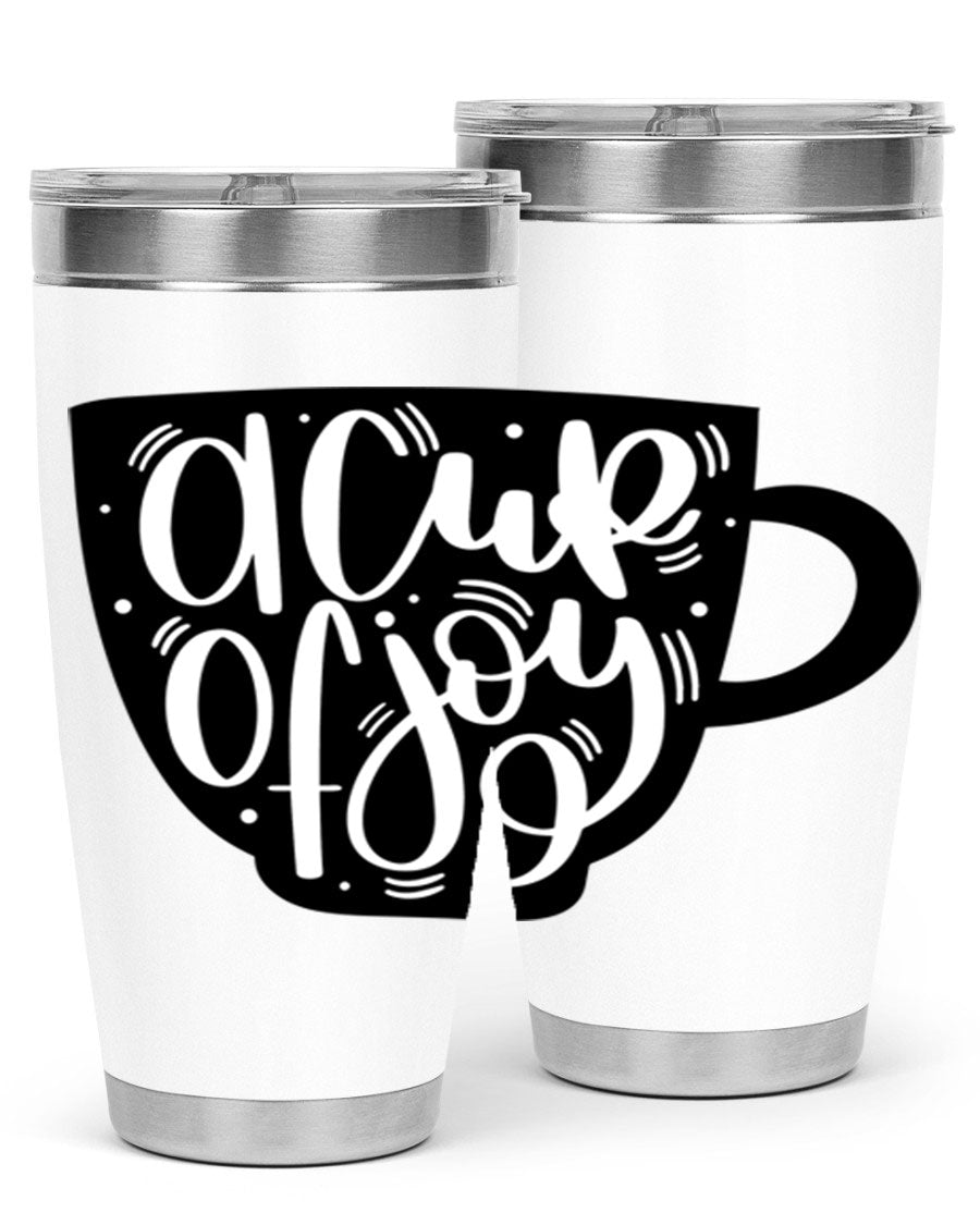 A stylish 20oz A Cup of Joy coffee tumbler made of stainless steel with a copper lining, featuring a drink-thru lid.